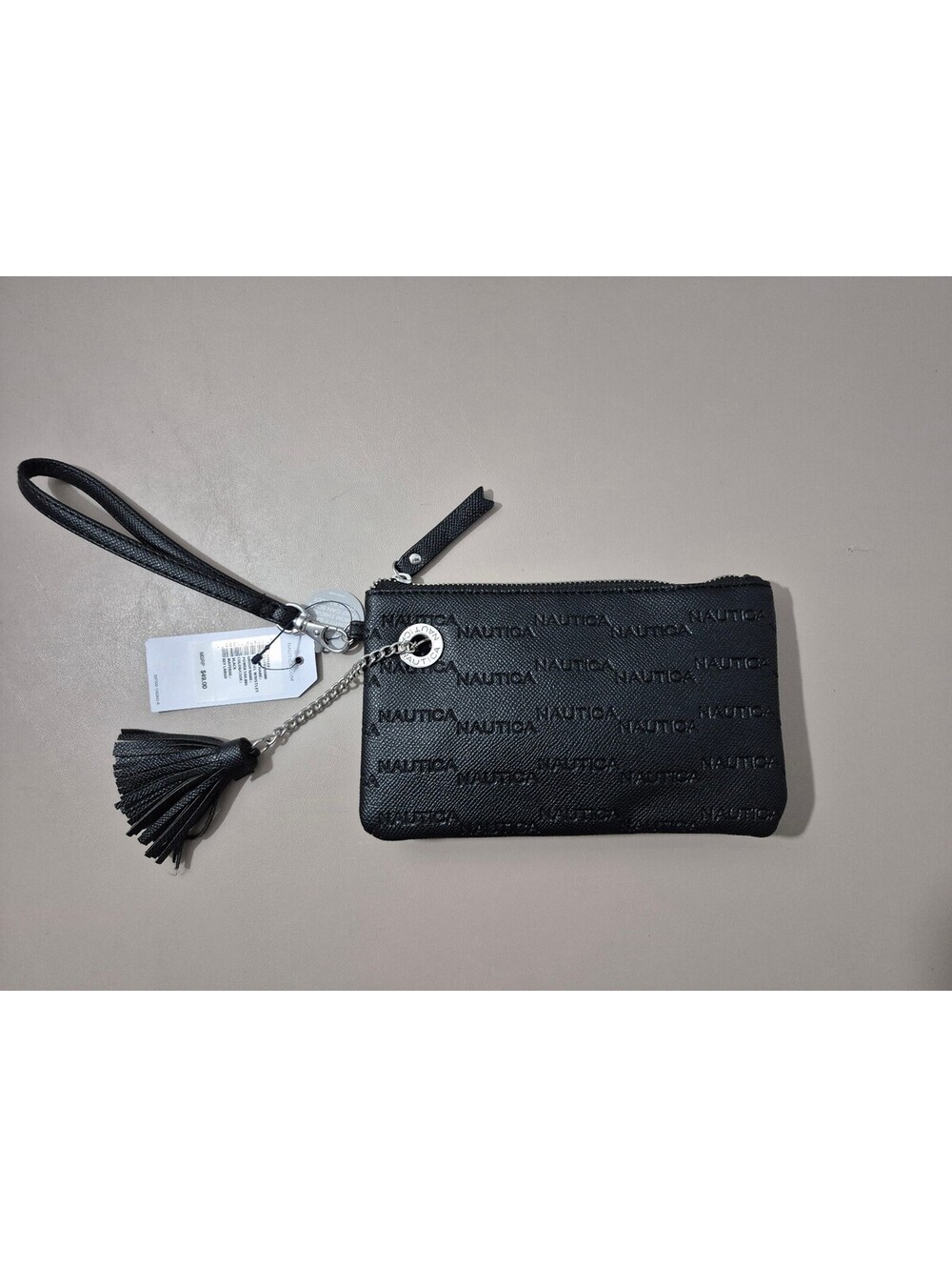 Nautica Black Logo Embossed Wristlet Wallet Clutch NWT Tassel Zip Pouch